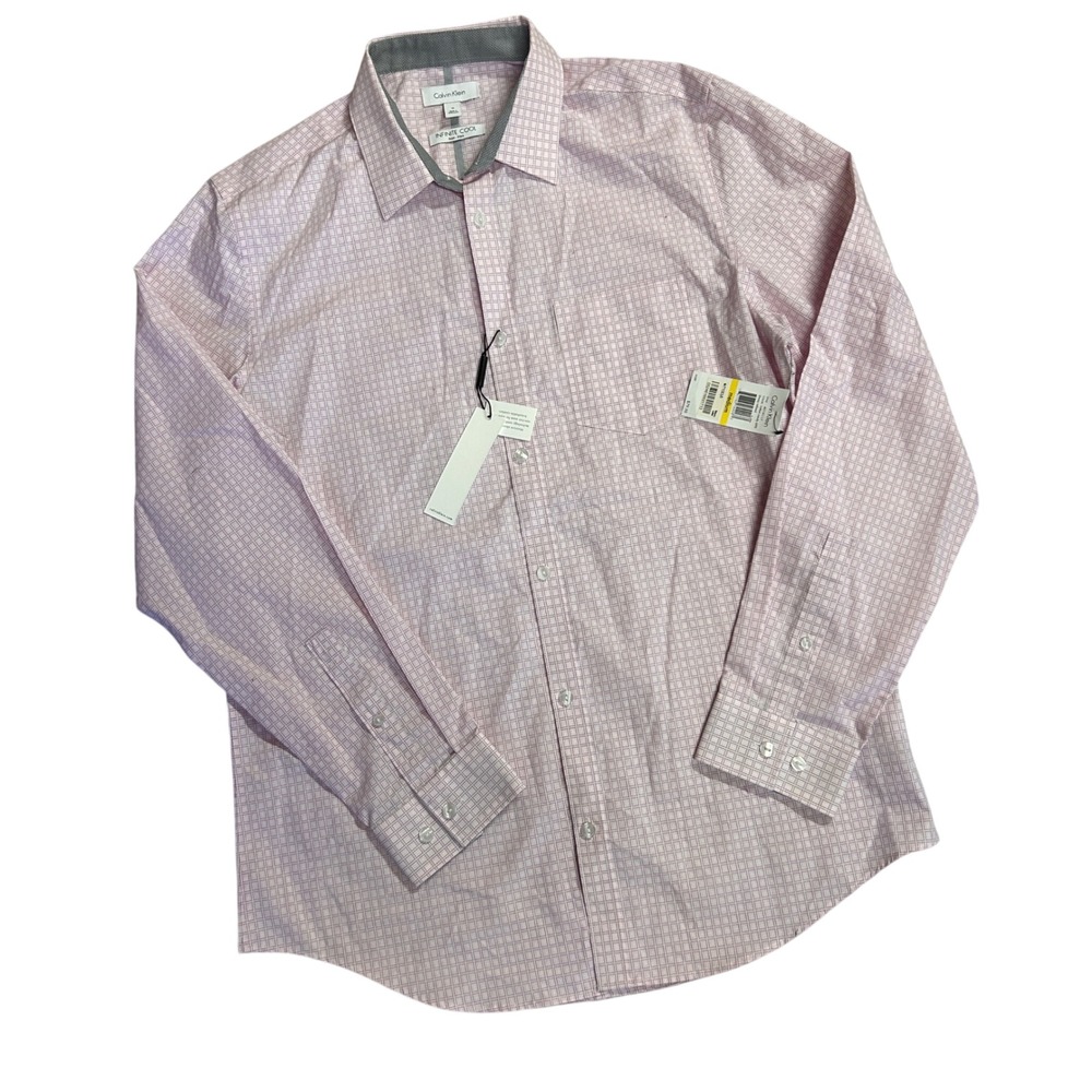 Calvin Klein Mens‎ Non Iron Dress Shirt Pink Geo Print Infinite Cool Medium